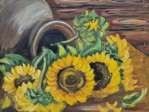 Słoneczniki w przewróconym wazonie - obraz na płótnie