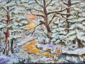 Zimowy las w blasku zachodu - obraz na płótnie