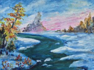 Rzeka w objęciach zimy i jesieni - -obraz na płótnie