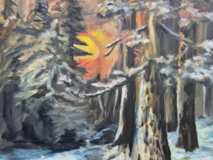 Zimowy las w blasku zachodu - obraz na płótnie