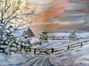 Zimowy zmierzch na wiejskim podwórzu - obraz na płótnie