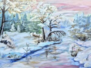 Pastelowy poranek nad zimową rzeką - obraz na dykcie malarskiej