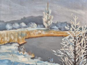 Zimowe brzegi stawu - obraz na płótnie